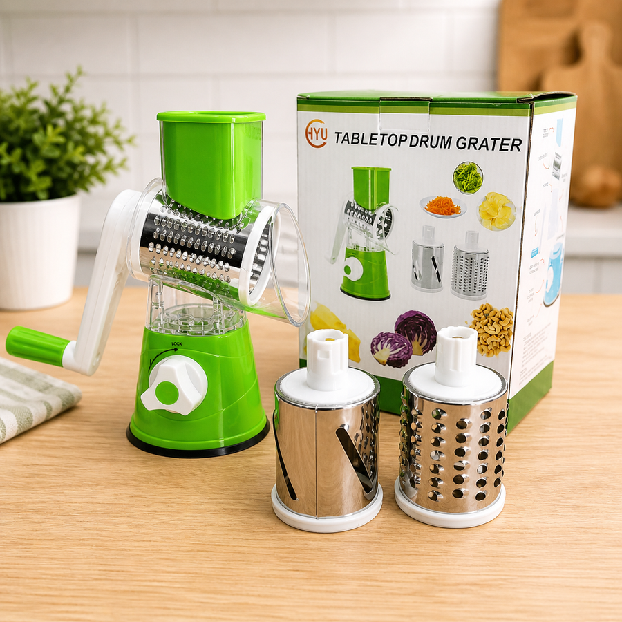 TableTop Drum Grater – Manual Vegetable Slicer & Potato Cutter (3-in-1 Kitchen Tool)